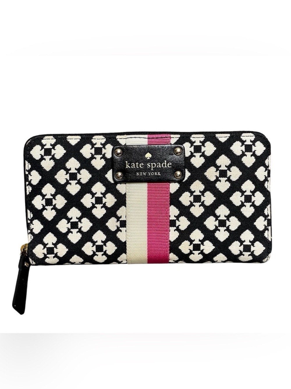 kate spade Varsity Black & White Geometric Zip Wallet with Pink and Cream Stripe